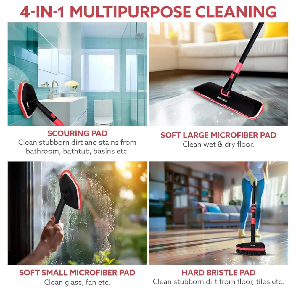 AGARO Elite Cleaning Mop & Brush Set, Bathroom Cleaning Brush, Long Handle, Hard Brush, Microfiber Pad & Scrubber, for Tiles, Kitchen, Toilet, Window Glass, Detachable Head 34123