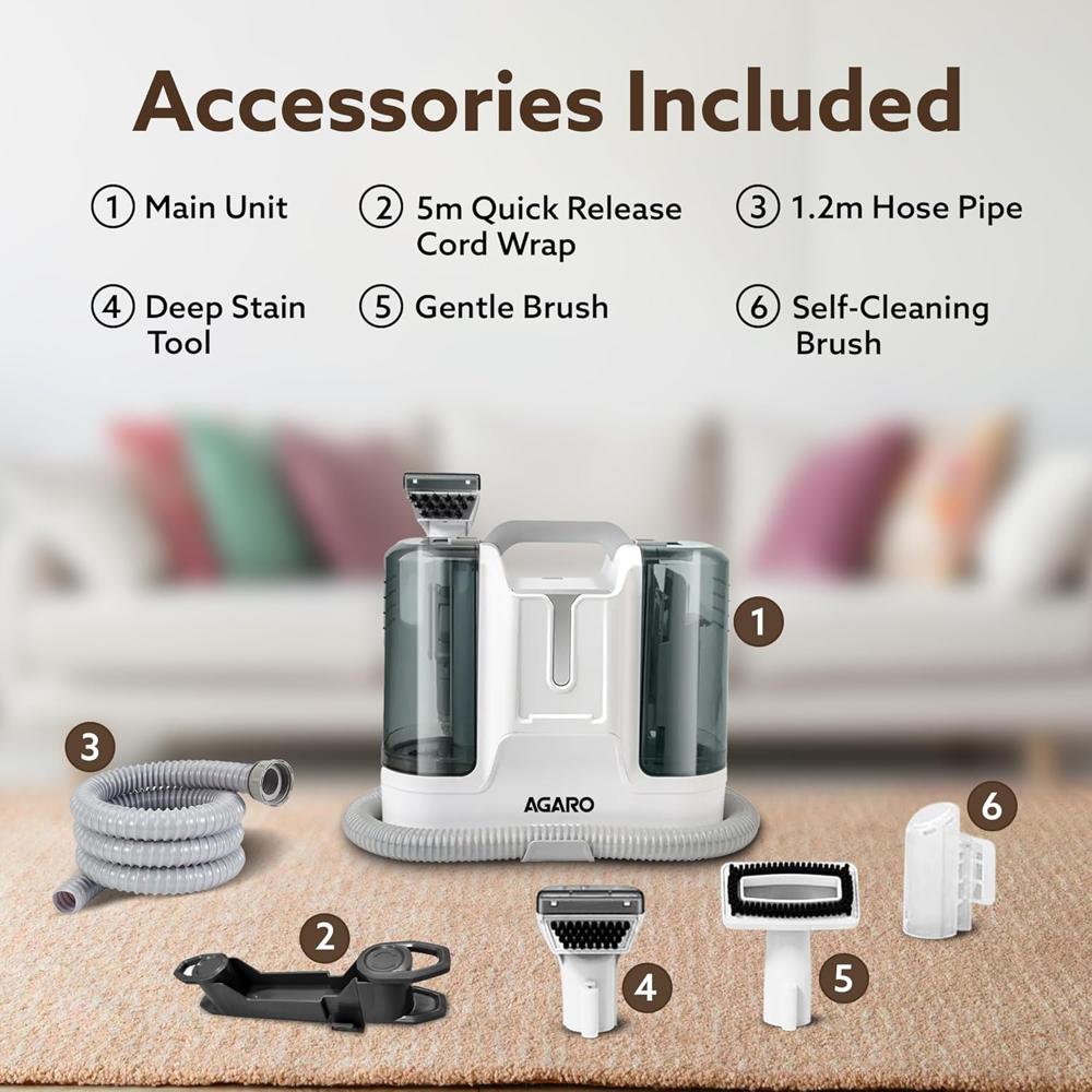 AGARO Crest Portable Spot Cleaner, Super Suction Cleaning Machine, Stain Remover, Multi-Purpose Portable Carpet and Upholstery Cleaner, with Replacement Heads, Pet Stain Vacuum 34026