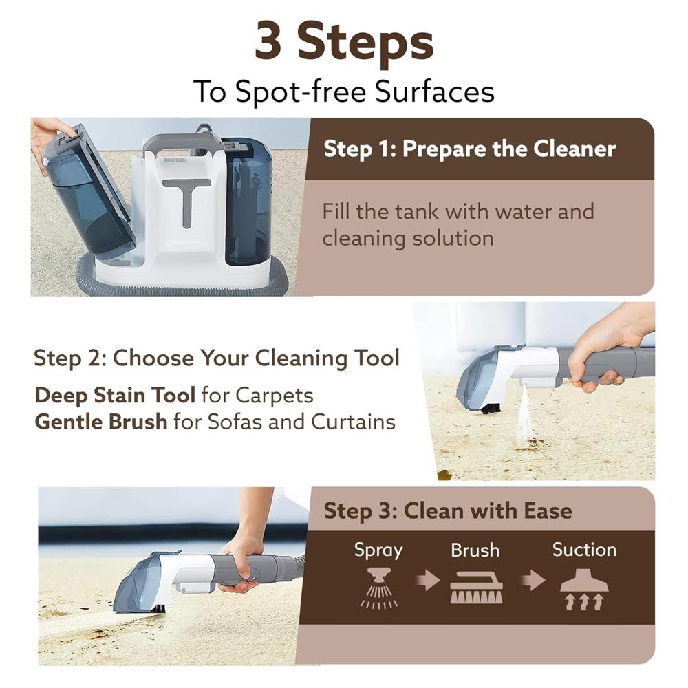 AGARO Crest Portable Spot Cleaner, Super Suction Cleaning Machine, Stain Remover, Multi-Purpose Portable Carpet and Upholstery Cleaner, with Replacement Heads, Pet Stain Vacuum 34026