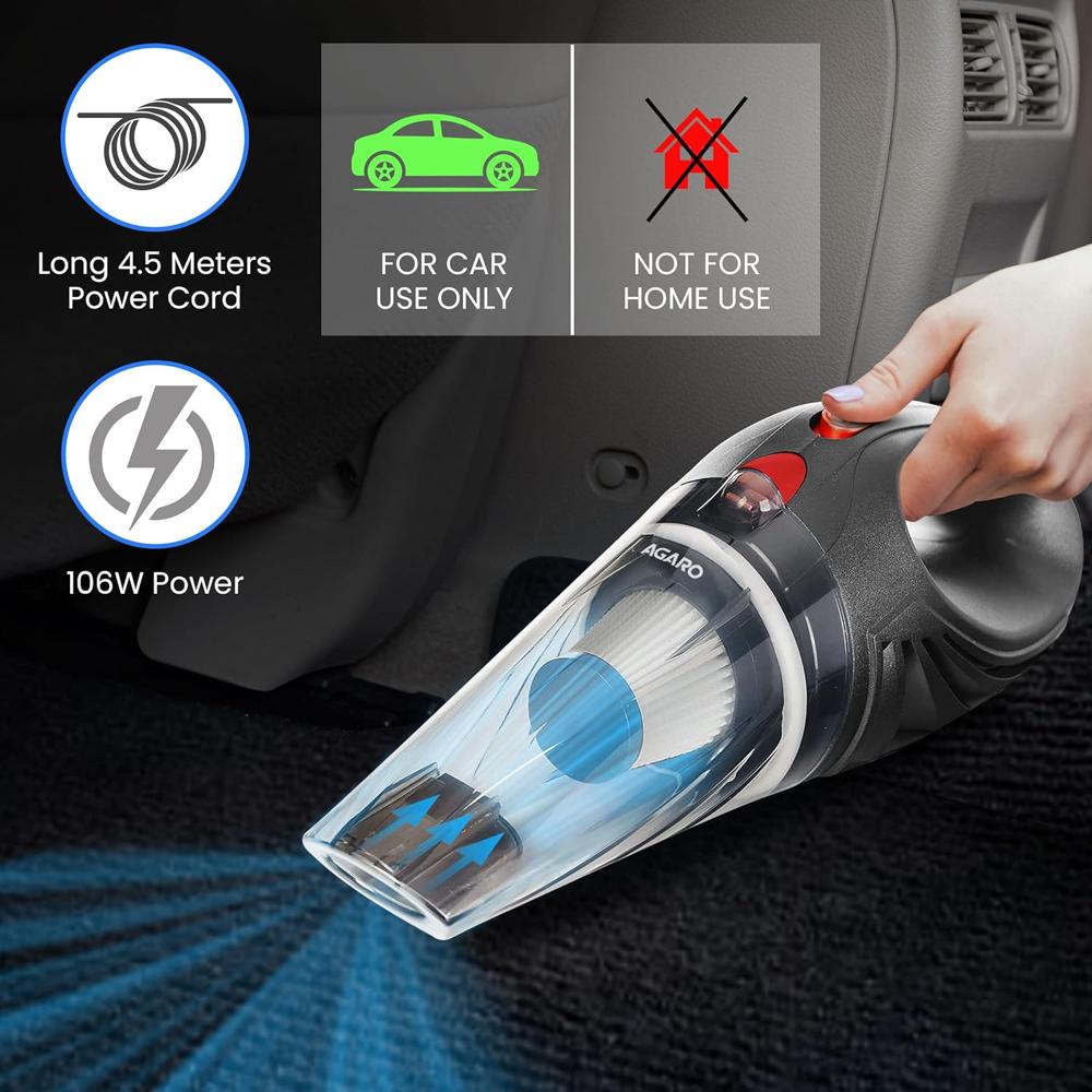 AGARO Car Vacuum Cleaner, Portable, Handheld, 12V DC /106W, 4.5KPA Power Socket, 14.7ft Long Cord,Stainless Steel Filter 33737