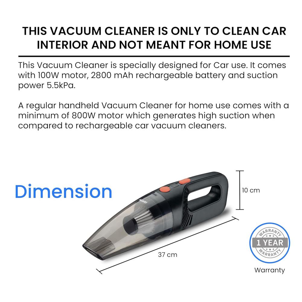 AGARO Cordless Rechargeable Car Vacuum Cleaner, Portable, Handheld,100W, 5.5KPAPower Socket, Stainless Steel Filter, Black HVC1081  33739