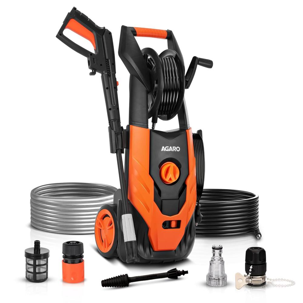 AGARO Royal High Pressure washer, 1800 Watts Motor, 140 Bars, 7L/Min Flow Rate, 5 Meters Outlet Hose, Upright Design With Wheel, For Car, Bike and Home Cleaning Purpose, Turbo Nozzle, Black and Orange 33714