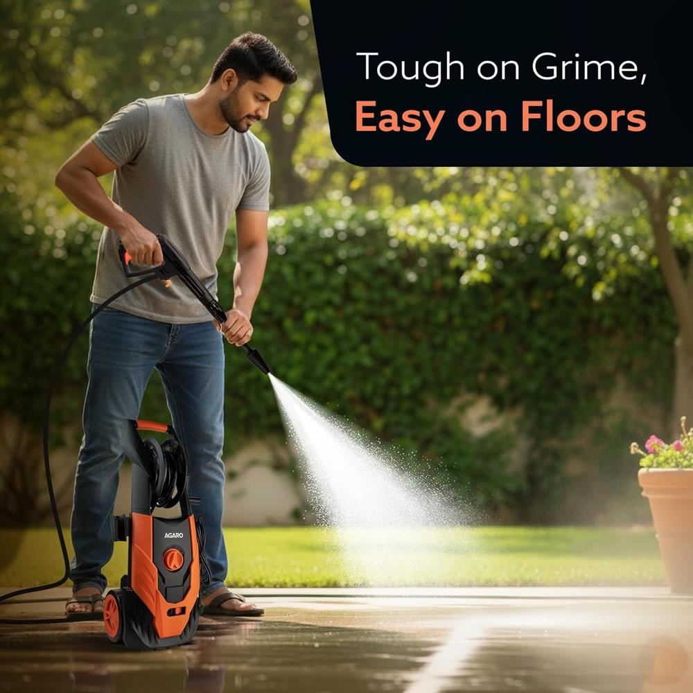 AGARO Royal High Pressure washer, 1800 Watts Motor, 140 Bars, 7L/Min Flow Rate, 5 Meters Outlet Hose, Upright Design With Wheel, For Car, Bike and Home Cleaning Purpose, Turbo Nozzle, Black and Orange 33714