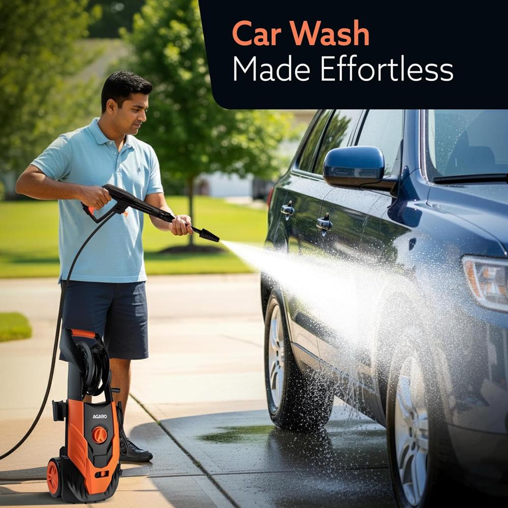 AGARO Royal High Pressure washer, 1800 Watts Motor, 140 Bars, 7L/Min Flow Rate, 5 Meters Outlet Hose, Upright Design With Wheel, For Car, Bike and Home Cleaning Purpose, Turbo Nozzle, Black and Orange 33714