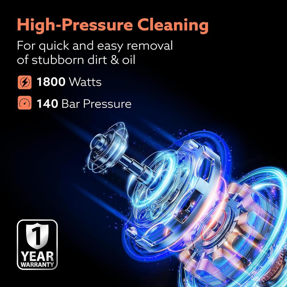 AGARO Royal High Pressure washer, 1800 Watts Motor, 140 Bars, 7L/Min Flow Rate, 5 Meters Outlet Hose, Upright Design With Wheel, For Car, Bike and Home Cleaning Purpose, Turbo Nozzle, Black and Orange 33714
