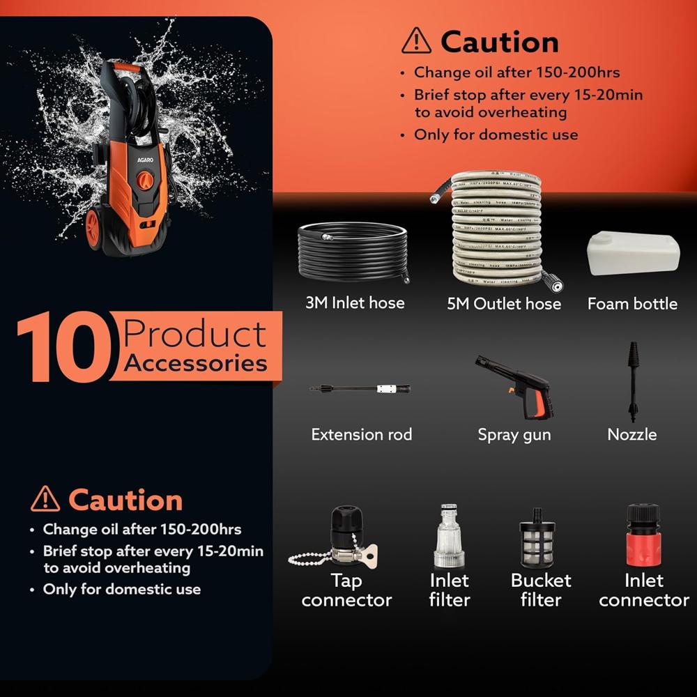 AGARO Royal High Pressure washer, 1800 Watts Motor, 140 Bars, 7L/Min Flow Rate, 5 Meters Outlet Hose, Upright Design With Wheel, For Car, Bike and Home Cleaning Purpose, Turbo Nozzle, Black and Orange 33714