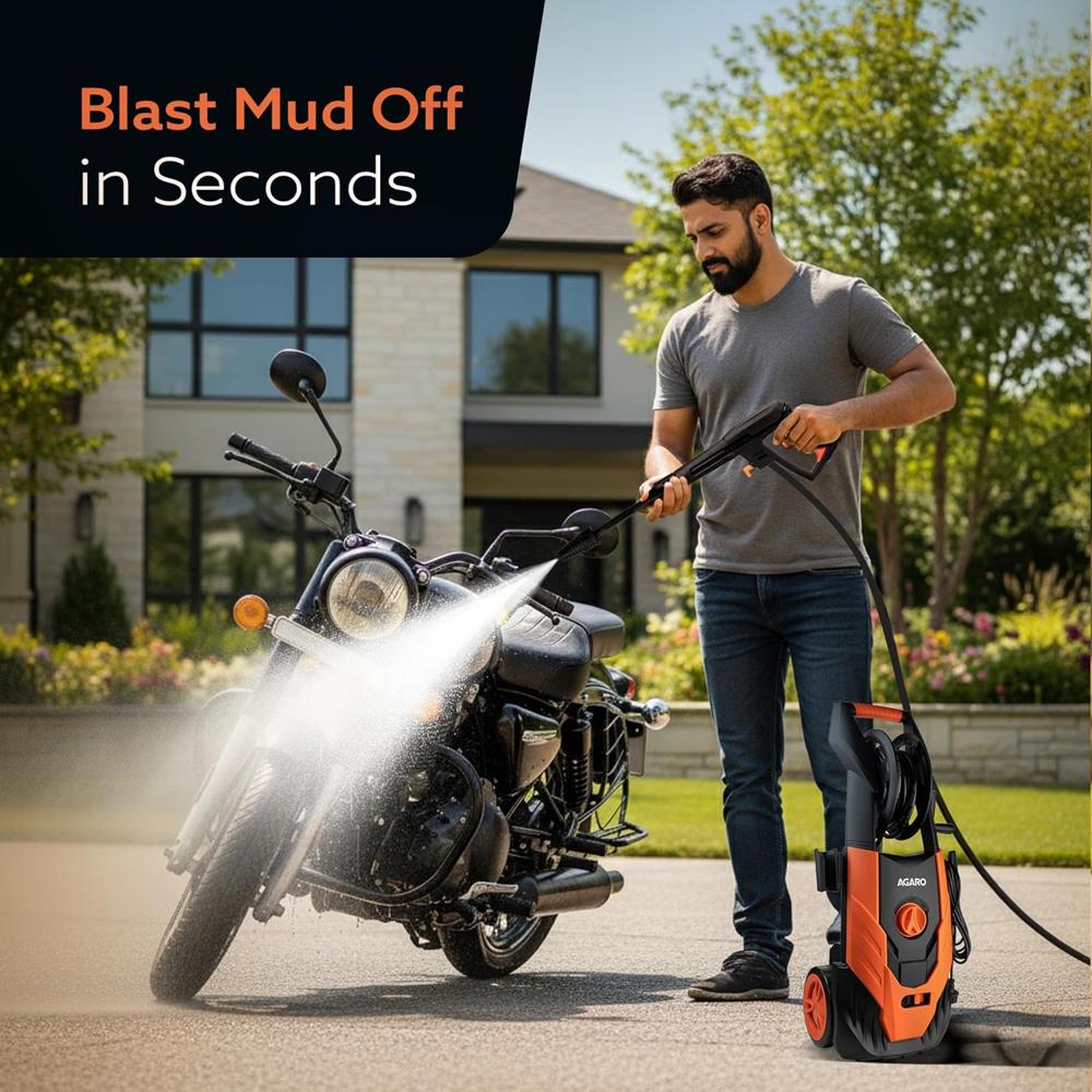 AGARO Royal High Pressure washer, 1800 Watts Motor, 140 Bars, 7L/Min Flow Rate, 5 Meters Outlet Hose, Upright Design With Wheel, For Car, Bike and Home Cleaning Purpose, Turbo Nozzle, Black and Orange 33714