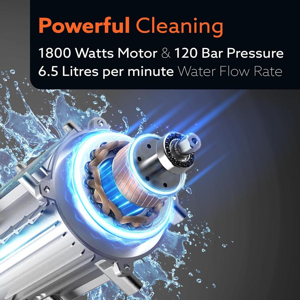 AGARO Supreme High Pressure Washer, Car Washer, 1800 Watts Motor, 120 Bars, 6.5L/Min Flow Rate, 8 Meters Outlet Hose, Portable, Car, Bike & Home Cleaning,Orange