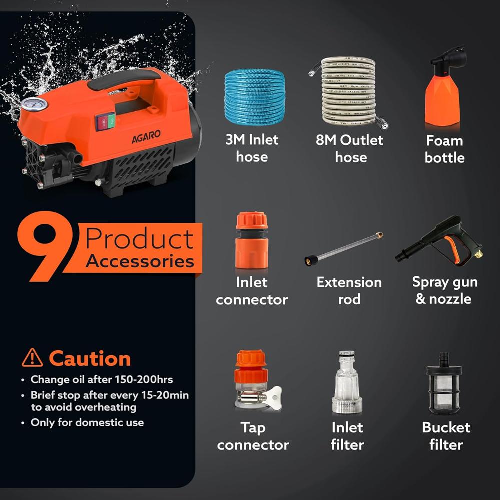 AGARO Supreme High Pressure Washer, Car Washer, 1800 Watts Motor, 120 Bars, 6.5L/Min Flow Rate, 8 Meters Outlet Hose, Portable, Car, Bike & Home Cleaning,Orange