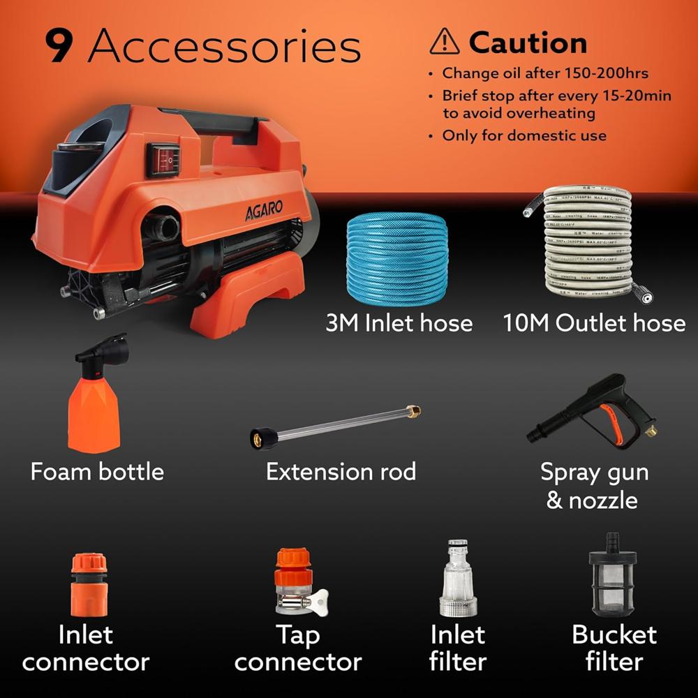 AGARO Icon High Pressure Washer, Car Washer, 1800 Watts Motor, 125 Bars, 6.5L/Min Flow Rate, 8 Meters Outlet Hose, Portable, Car, Bike and Home Cleaning Purpose 34155