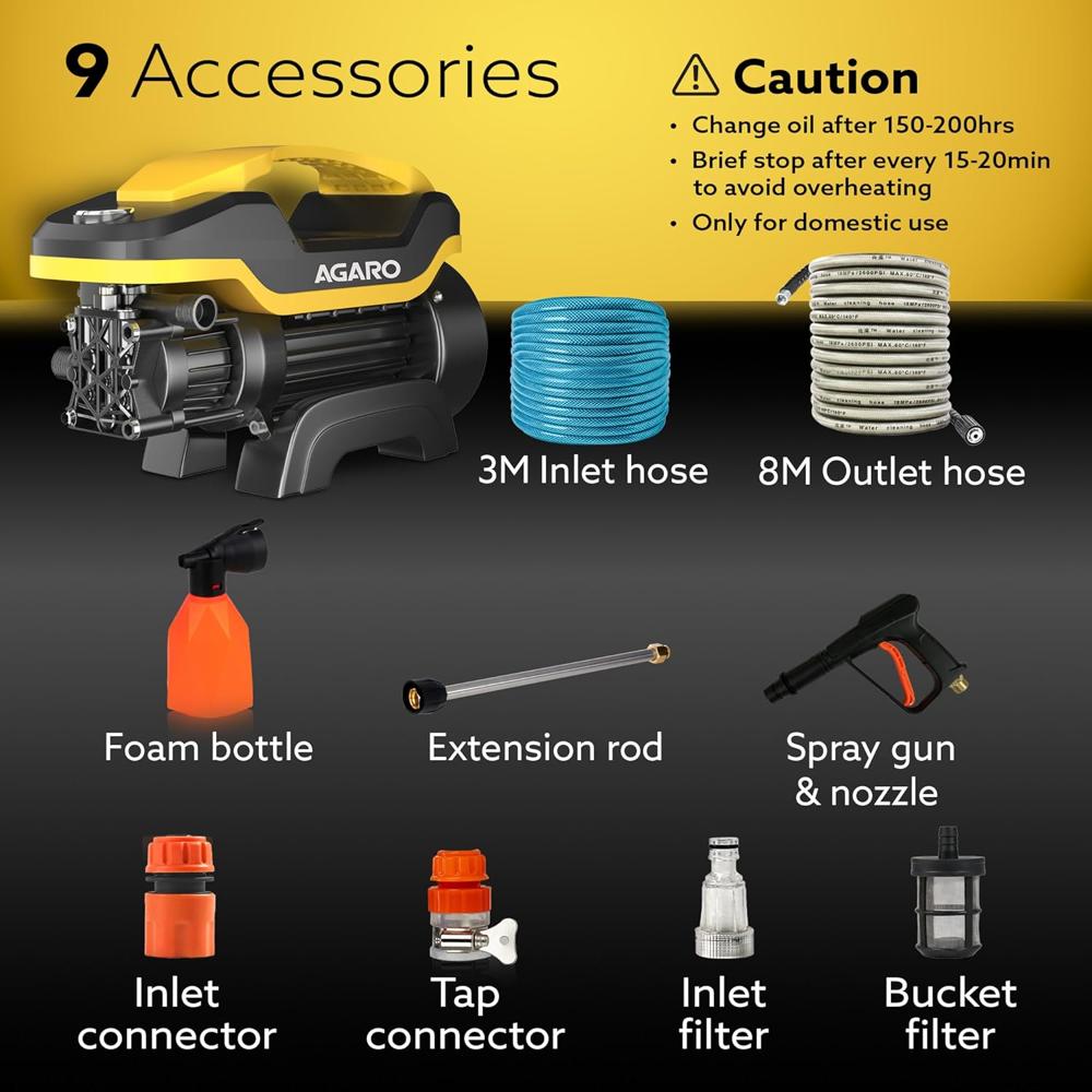AGARO Galaxy High Pressure Washer, Car Washer, 1900 Watts Motor, 130 Bars, 7L/Min Flow Rate, 8 Meters Outlet Hose, Portable, Car, Bike & Home Cleaning Purpose, Yellow & Black 34156