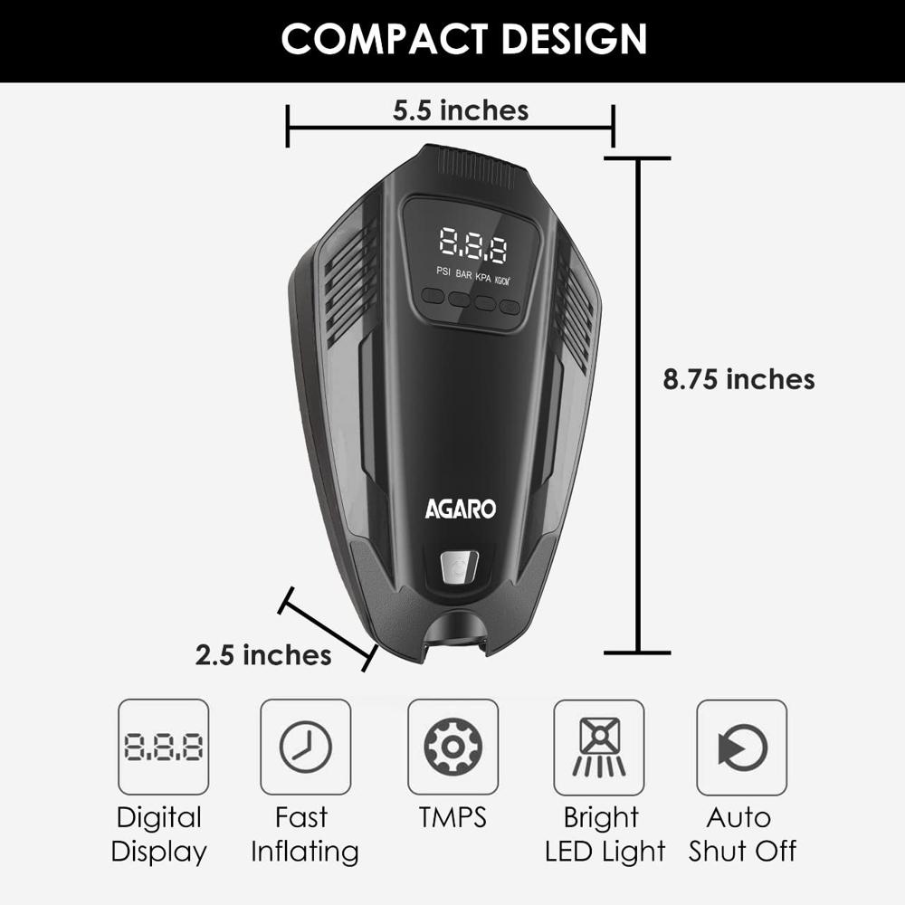 AGARO Primo High Power Digital Tyre Inflator for Car, Air Inflator Car Accessories, 120 Watt Air Pump with 12V Plug, Upto 150 Psi, Emergency LED Light, Compact & Portable Air Compressor 33626