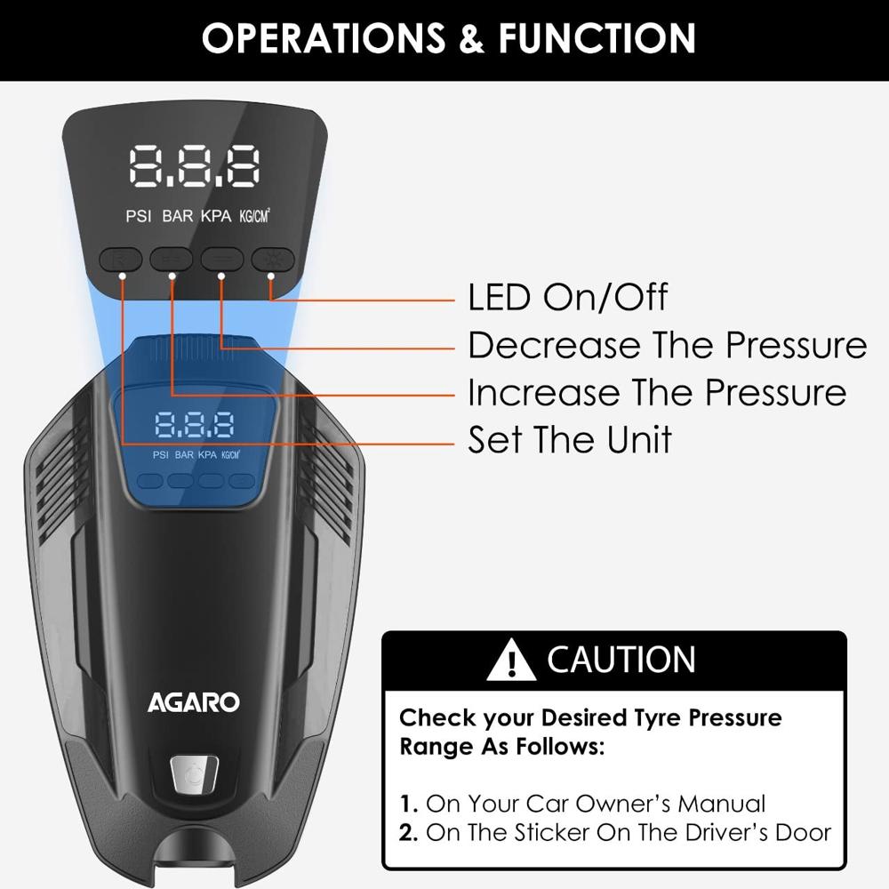 AGARO Primo High Power Digital Tyre Inflator for Car, Air Inflator Car Accessories, 120 Watt Air Pump with 12V Plug, Upto 150 Psi, Emergency LED Light, Compact & Portable Air Compressor 33626