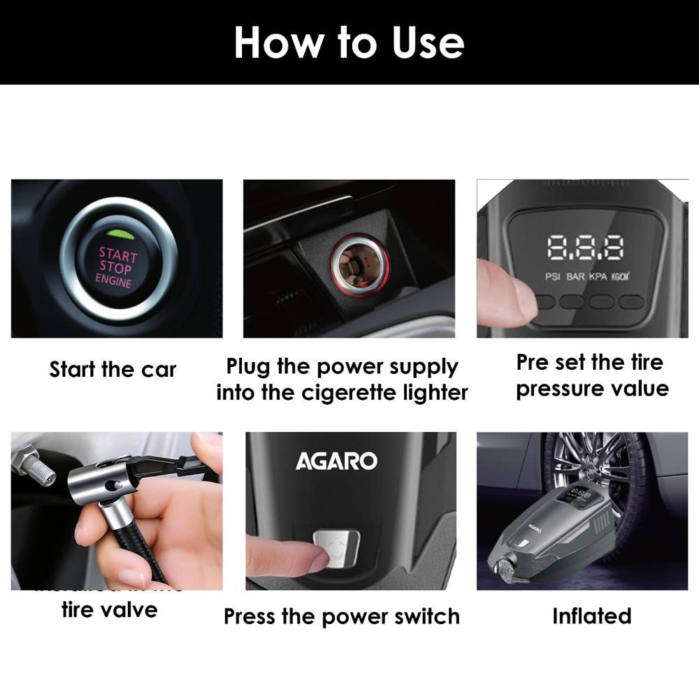 AGARO Primo High Power Digital Tyre Inflator for Car, Air Inflator Car Accessories, 120 Watt Air Pump with 12V Plug, Upto 150 Psi, Emergency LED Light, Compact & Portable Air Compressor 33626