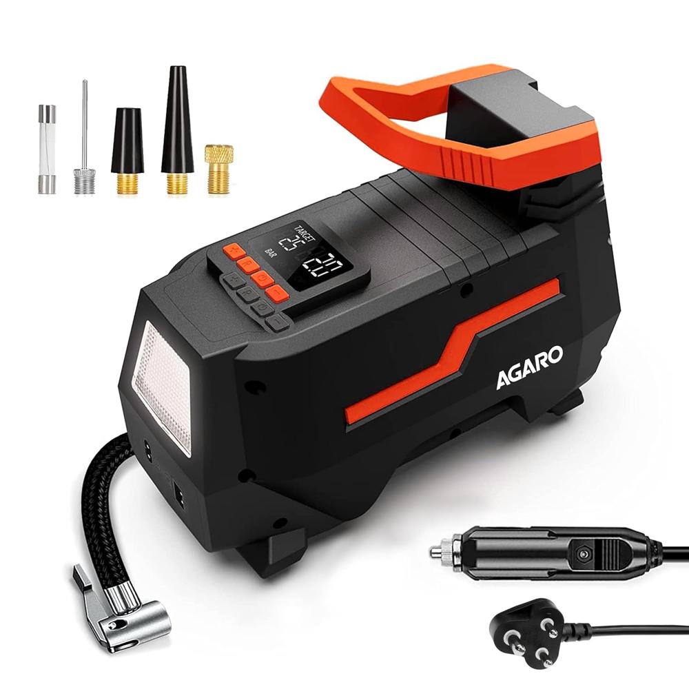 AGARO Digital Portable Tyre Inflator/Pressure Gauge, 12V DC/230V AC for Home and Car, Upto 150 PSI, LED Light, Digital Display, for Bike, Bicycles and Other Inflatables TI2157, Black  33720