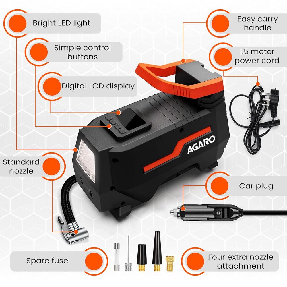 AGARO Digital Portable Tyre Inflator/Pressure Gauge, 12V DC/230V AC for Home and Car, Upto 150 PSI, LED Light, Digital Display, for Bike, Bicycles and Other Inflatables TI2157, Black  33720