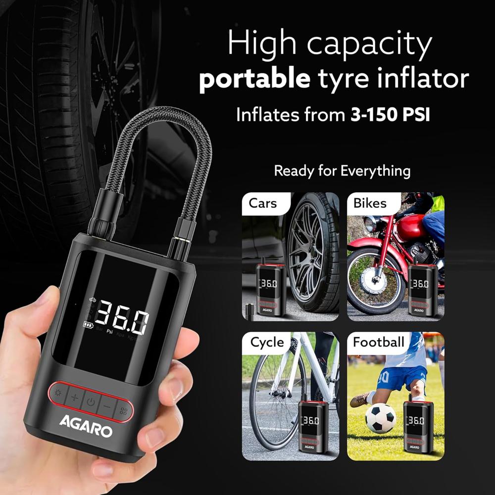 AGARO Galaxy Portable Tyre Inflator for Cars, Bikes, Bicycles & Balls, 150 PSI Pressure, 2 X 2000mAh Battery, Digital Display, Pressure Detection, Auto Cut-Off, Type-C Charging, SOS Modes 34068