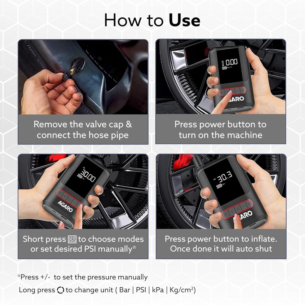 AGARO Galaxy Portable Tyre Inflator for Cars, Bikes, Bicycles & Balls, 150 PSI Pressure, 2 X 2000mAh Battery, Digital Display, Pressure Detection, Auto Cut-Off, Type-C Charging, SOS Modes 34068