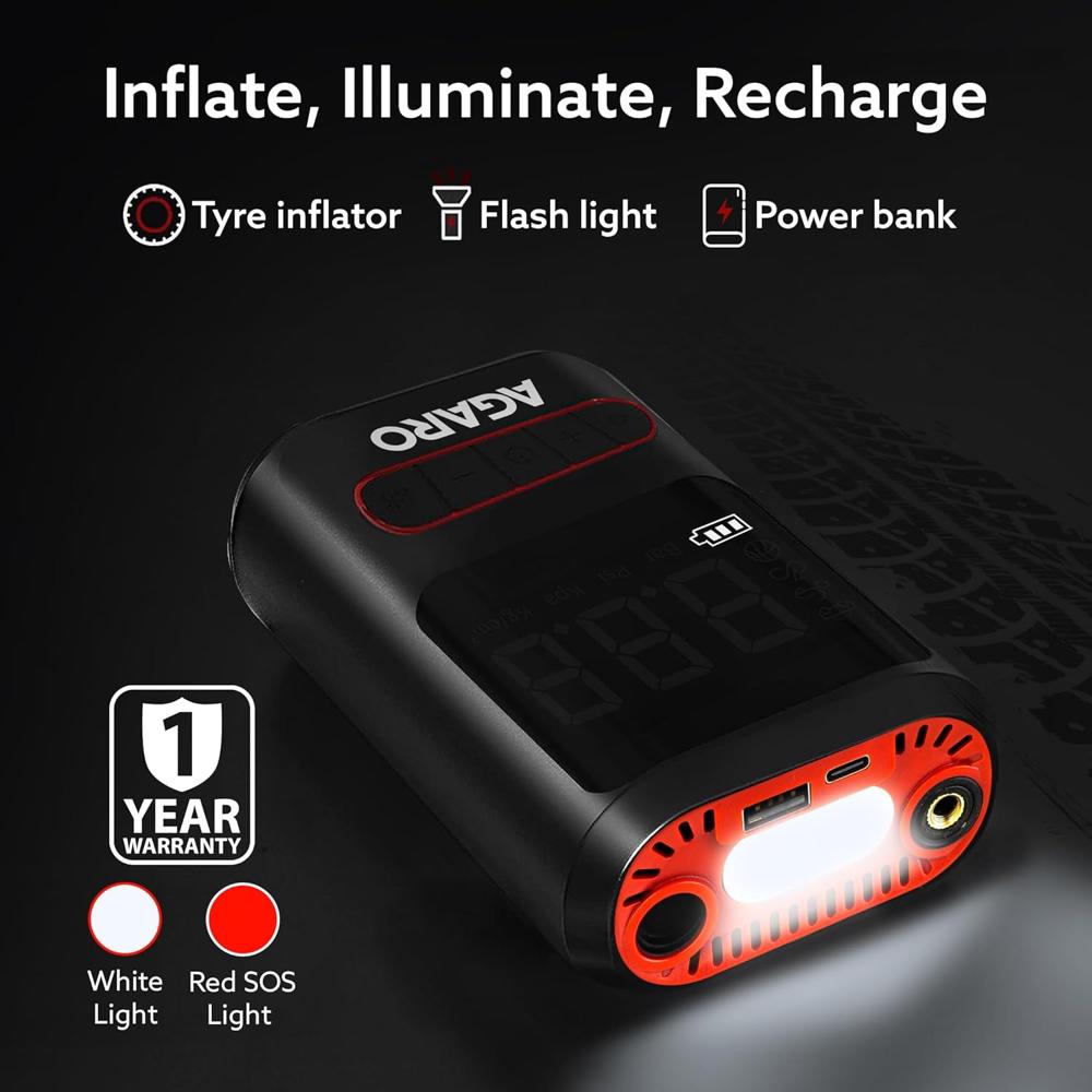 AGARO Galaxy Portable Tyre Inflator for Cars, Bikes, Bicycles & Balls, 150 PSI Pressure, 2 X 2000mAh Battery, Digital Display, Pressure Detection, Auto Cut-Off, Type-C Charging, SOS Modes 34068