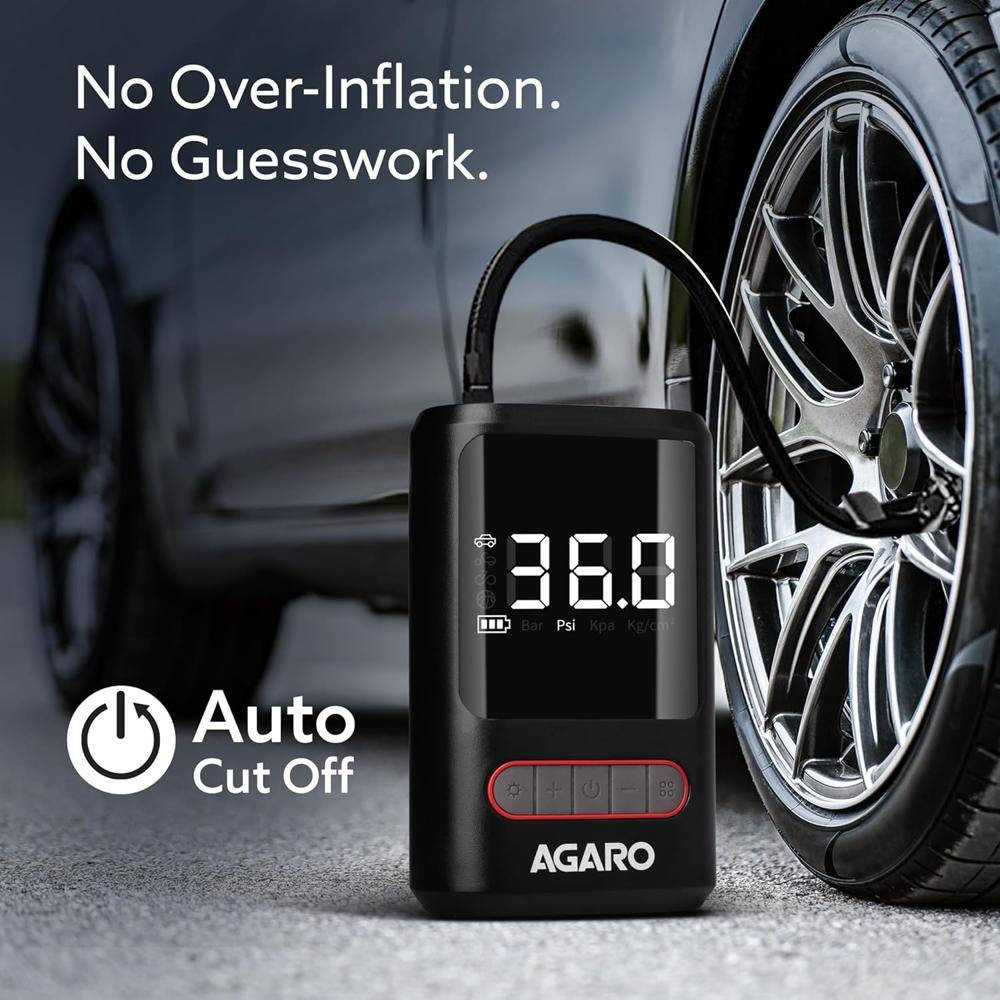 AGARO Galaxy Portable Tyre Inflator for Cars, Bikes, Bicycles & Balls, 150 PSI Pressure, 2 X 2000mAh Battery, Digital Display, Pressure Detection, Auto Cut-Off, Type-C Charging, SOS Modes 34068