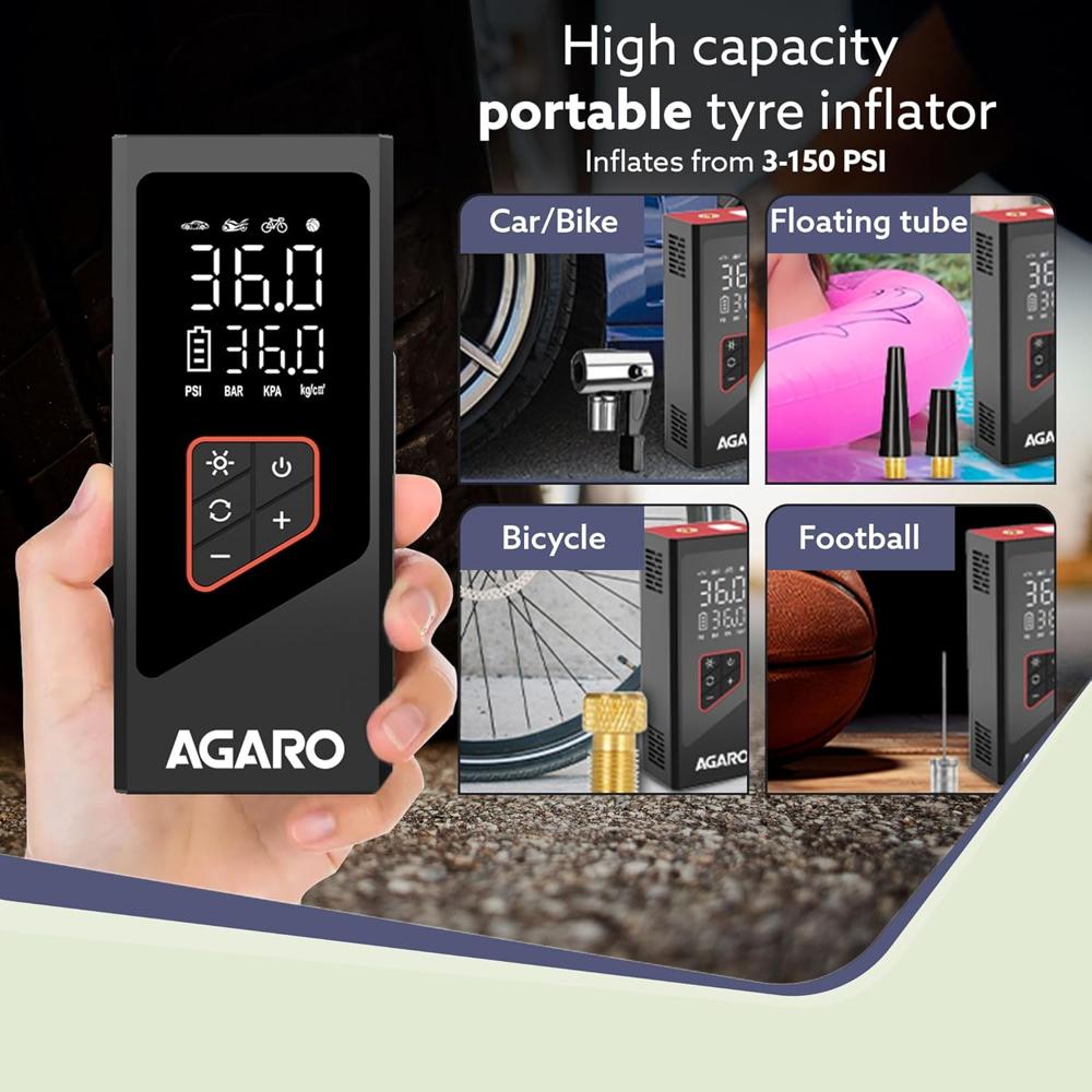 AGARO Regency Cordless Tyre Inflator, Rechargeable, 6000 mAh (3 * 2000) Batteries, Up to 150 PSI Air Pump for Car, Bike, Foot Balls, Inflatables, Portable Air Compressor, Power Bank, Multipurpose Use  34190