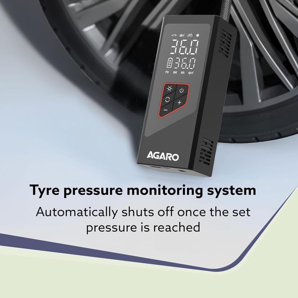 AGARO Regency Cordless Tyre Inflator, Rechargeable, 6000 mAh (3 * 2000) Batteries, Up to 150 PSI Air Pump for Car, Bike, Foot Balls, Inflatables, Portable Air Compressor, Power Bank, Multipurpose Use  34190