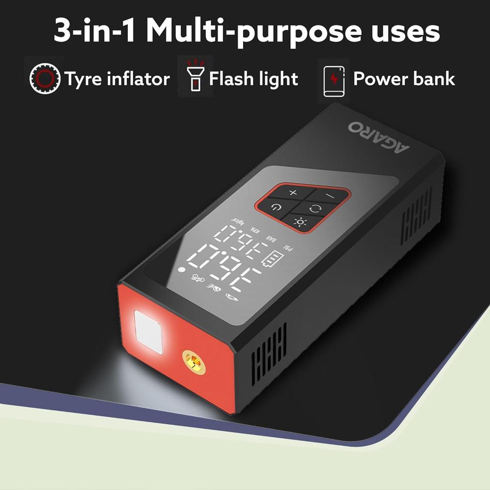 AGARO Regency Cordless Tyre Inflator, Rechargeable, 6000 mAh (3 * 2000) Batteries, Up to 150 PSI Air Pump for Car, Bike, Foot Balls, Inflatables, Portable Air Compressor, Power Bank, Multipurpose Use  34190