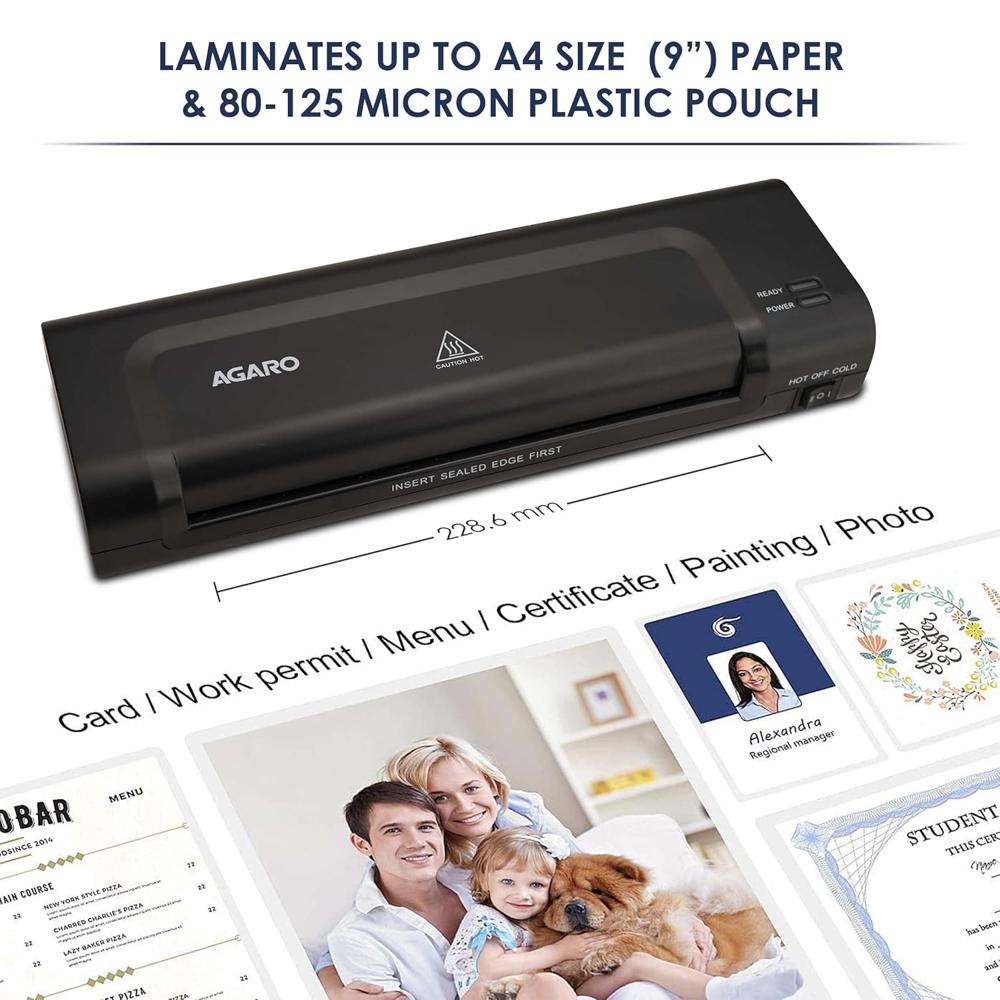 AGARO Icon A4 Lamination Machine with Jam Release Button Supports Hot and Cold Lamination, Fully Automatic, Laminator Machine, and Ideal for Photos, Documents & ID Cards, Black  33629