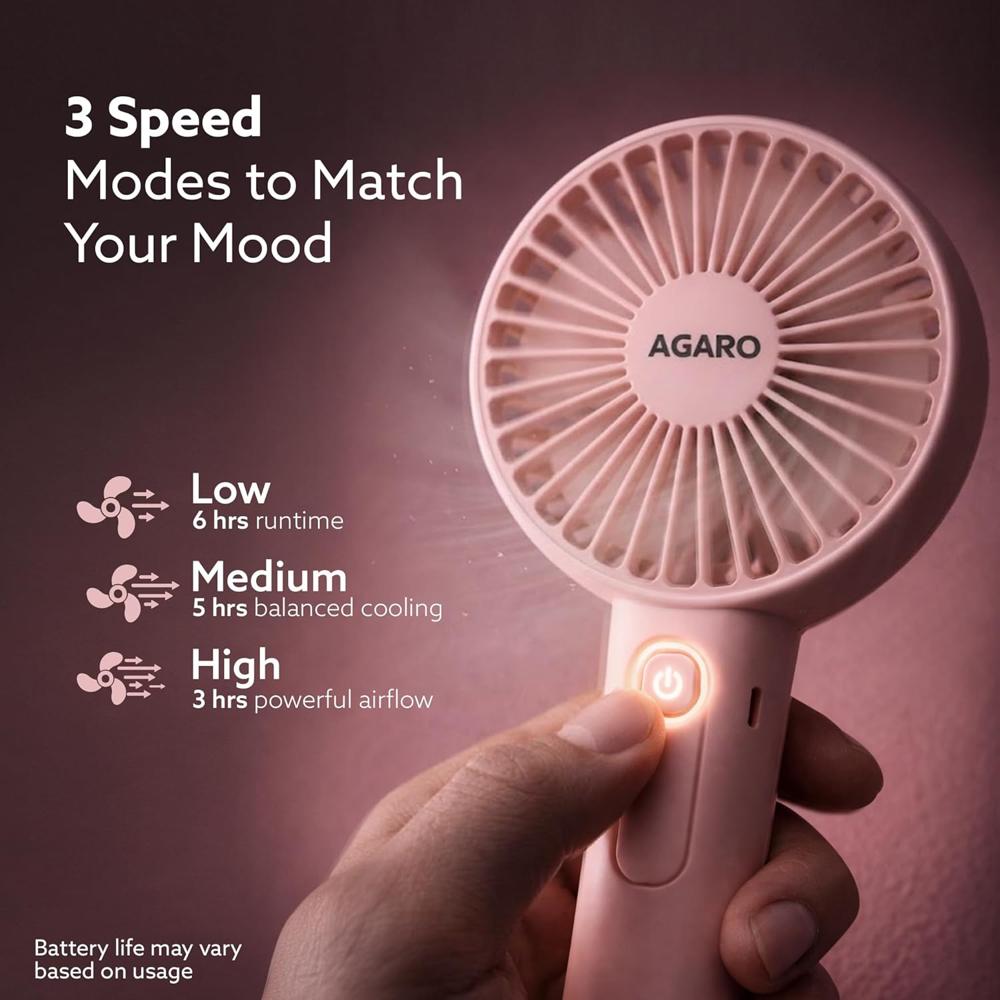 AGARO Elite Mini Fan, 4 inches, Rechargeable Lithium-Ion with 2000 mAh Battery, 3 Speed Option and Table Dock Fan for Home, Kitchen, Office Desk, High Speed - 34145