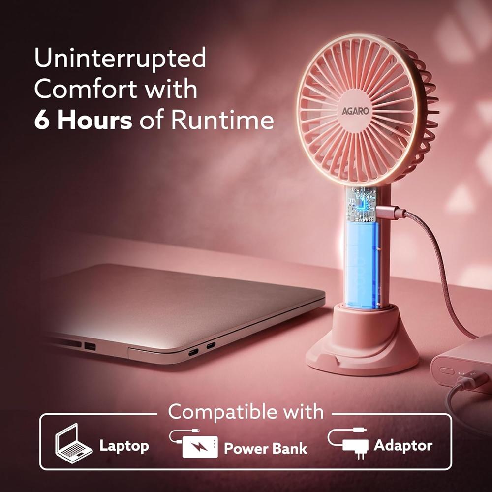 AGARO Elite Mini Fan, 4 inches, Rechargeable Lithium-Ion with 2000 mAh Battery, 3 Speed Option and Table Dock Fan for Home, Kitchen, Office Desk, High Speed - 34145