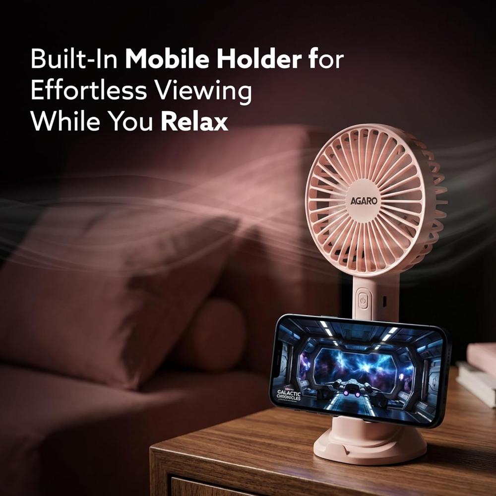 AGARO Elite Mini Fan, 4 inches, Rechargeable Lithium-Ion with 2000 mAh Battery, 3 Speed Option and Table Dock Fan for Home, Kitchen, Office Desk, High Speed - 34145