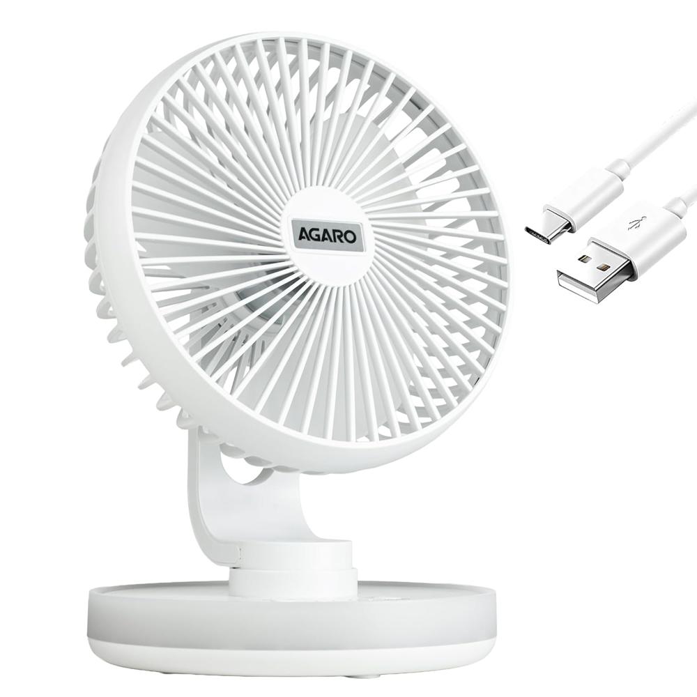 Agaro Alpha Rechargeable Table Fan With Light, 6 Inch, 4 Speeds, Usb Charge, Oscillating, Brushless Motor, Wide Angle Adjustment, Ultra Quiet, Personal Mini Desktop Fan For Home Office Bedroom 34051 - Color: White