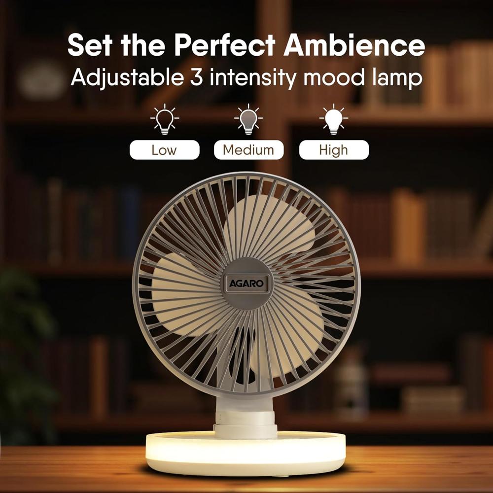 AGARO Alpha Rechargeable Table Fan with Light, 6 Inch, 4 Speeds, USB Charge, Oscillating, Brushless Motor, Wide Angle Adjustment, Ultra Quiet, Personal Mini Desktop Fan for Home Office Bedroom 34051