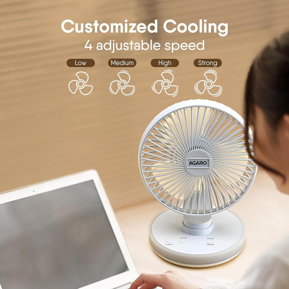 AGARO Alpha Rechargeable Table Fan with Light, 6 Inch, 4 Speeds, USB Charge, Oscillating, Brushless Motor, Wide Angle Adjustment, Ultra Quiet, Personal Mini Desktop Fan for Home Office Bedroom 34051