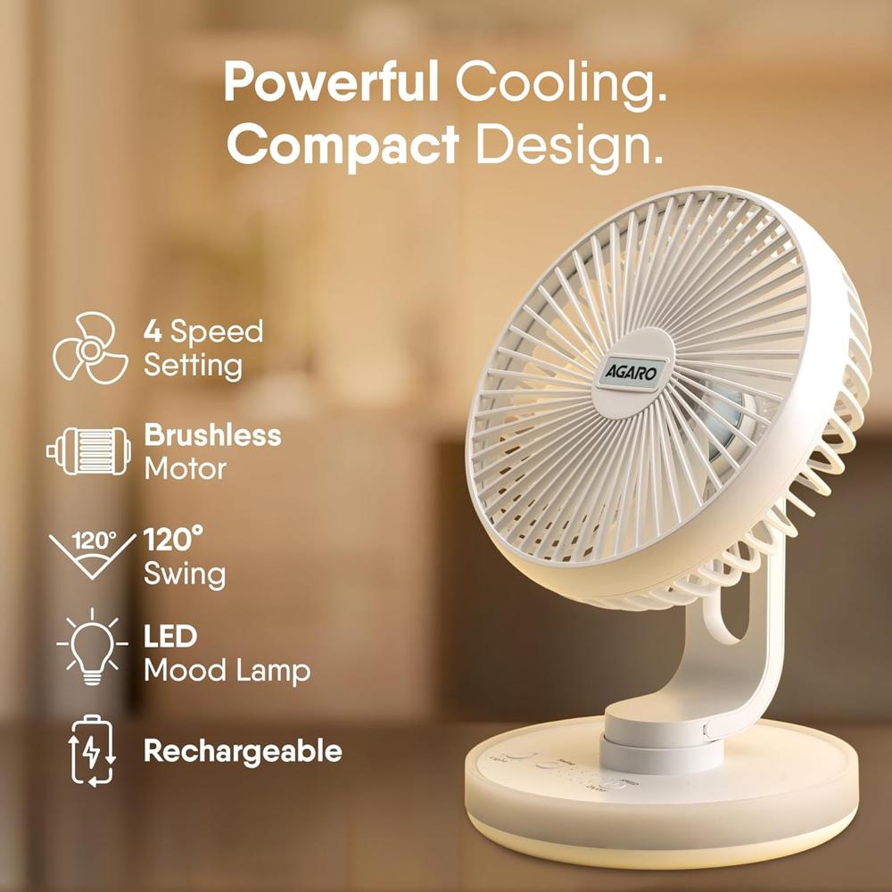 AGARO Alpha Rechargeable Table Fan with Light, 6 Inch, 4 Speeds, USB Charge, Oscillating, Brushless Motor, Wide Angle Adjustment, Ultra Quiet, Personal Mini Desktop Fan for Home Office Bedroom 34051