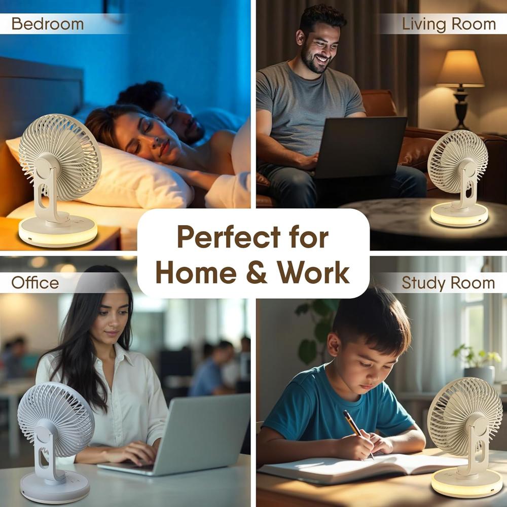 AGARO Alpha Rechargeable Table Fan with Light, 6 Inch, 4 Speeds, USB Charge, Oscillating, Brushless Motor, Wide Angle Adjustment, Ultra Quiet, Personal Mini Desktop Fan for Home Office Bedroom 34051