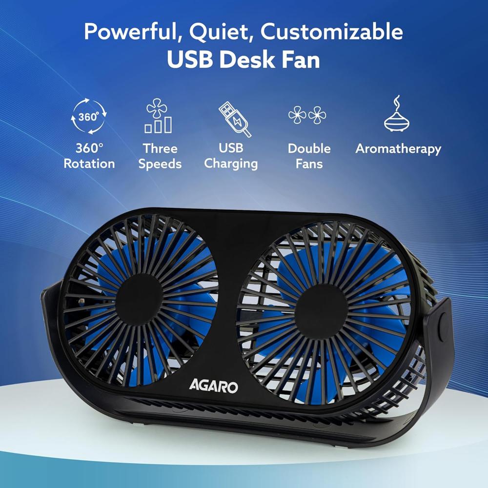 AGARO Signify USB Desk Twin Fan, Portable Table Cooling Fan with 3 Speed Wind, USB Powered, Dual Mode, Quiet Aromatherapy Table Desk Fan, Home, Office 34263