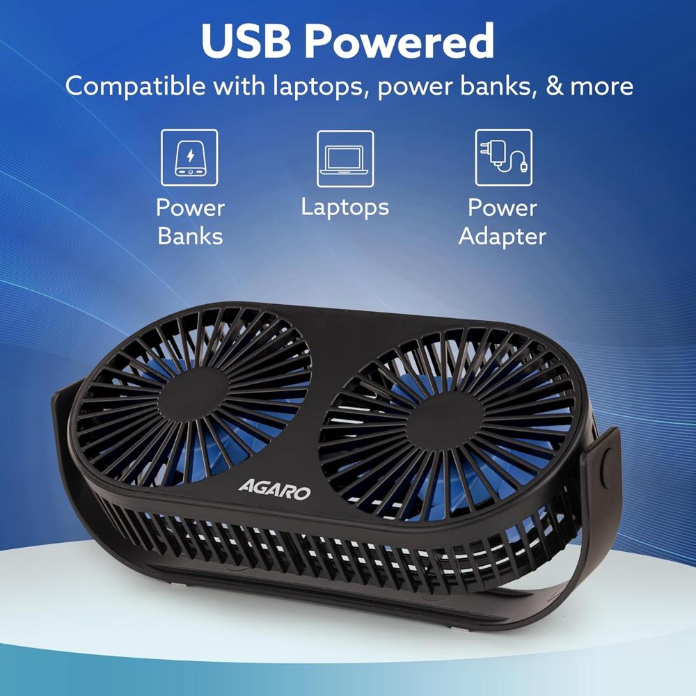 AGARO Signify USB Desk Twin Fan, Portable Table Cooling Fan with 3 Speed Wind, USB Powered, Dual Mode, Quiet Aromatherapy Table Desk Fan, Home, Office 34263