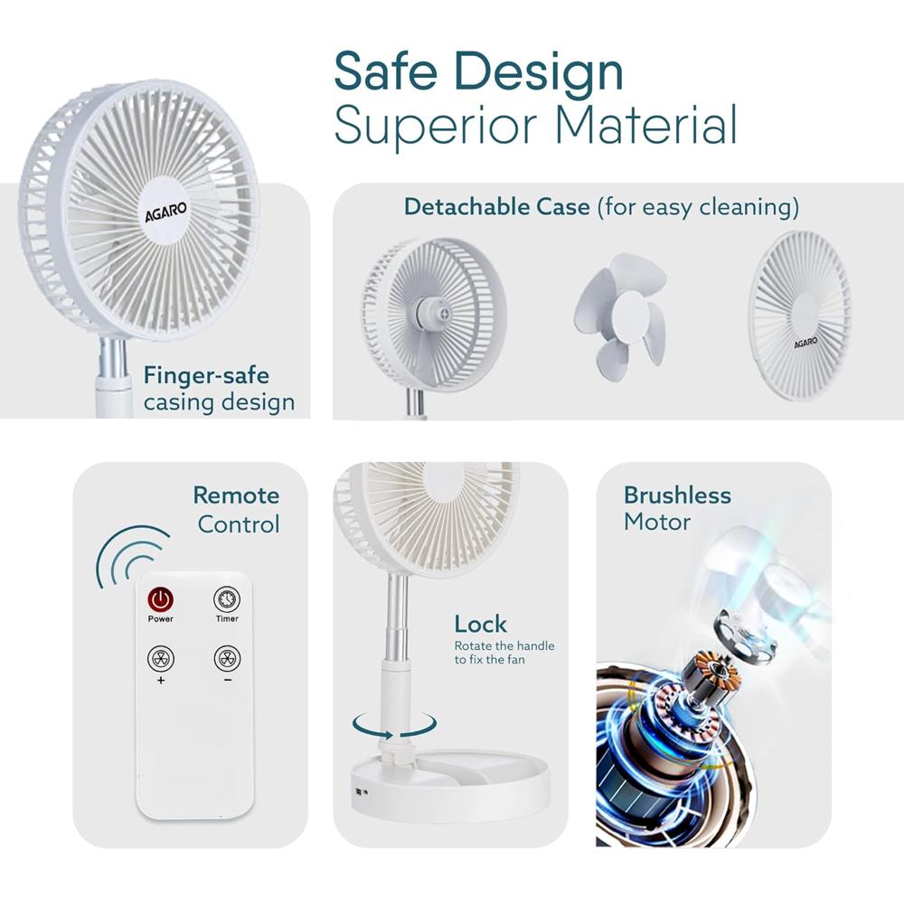 AGARO Grand Foldable Stand Fan with Remote Control, Rechargeable, 4 Speed, Copper Brushless Motor, Height Adjustable & Foldable Design, Travel Fan, Portable, Low Noise, Home, office 34294
