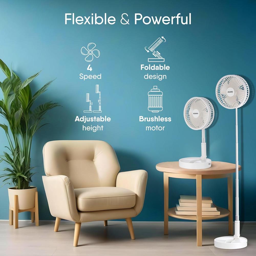 AGARO Grand Foldable Stand Fan with Remote Control, Rechargeable, 4 Speed, Copper Brushless Motor, Height Adjustable & Foldable Design, Travel Fan, Portable, Low Noise, Home, office 34294