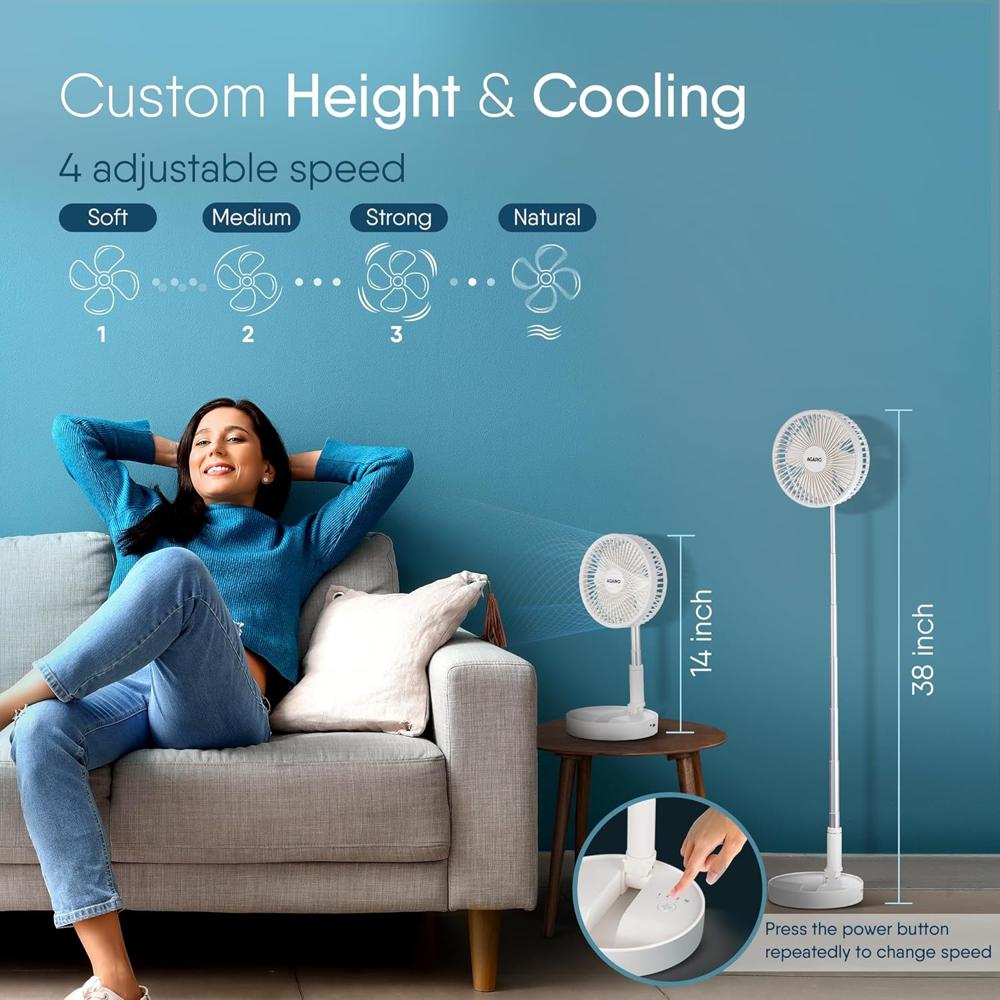 AGARO Grand Foldable Stand Fan with Remote Control, Rechargeable, 4 Speed, Copper Brushless Motor, Height Adjustable & Foldable Design, Travel Fan, Portable, Low Noise, Home, office 34294