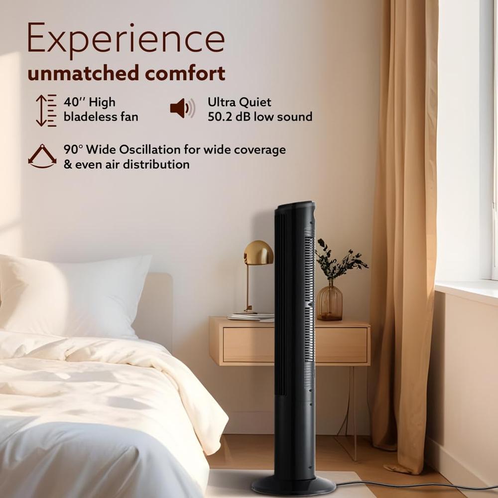 AGARO Imperial Oscillating Tower Fan, 40 Inches, 3 Speed, 2 Modes, Electric Standing Fan, For Bedroom, Indoor, Office & Home Use, Quiet Cooling Portable Bladeless Tower Fan With Remote Control 34231