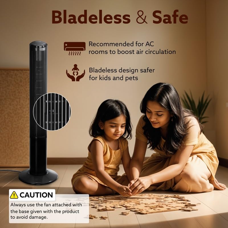 AGARO Imperial Oscillating Tower Fan, 40 Inches, 3 Speed, 2 Modes, Electric Standing Fan, For Bedroom, Indoor, Office & Home Use, Quiet Cooling Portable Bladeless Tower Fan With Remote Control 34231