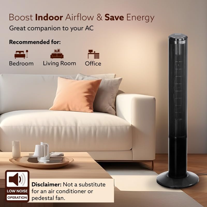 AGARO Imperial Oscillating Tower Fan, 40 Inches, 3 Speed, 2 Modes, Electric Standing Fan, For Bedroom, Indoor, Office & Home Use, Quiet Cooling Portable Bladeless Tower Fan With Remote Control 34231