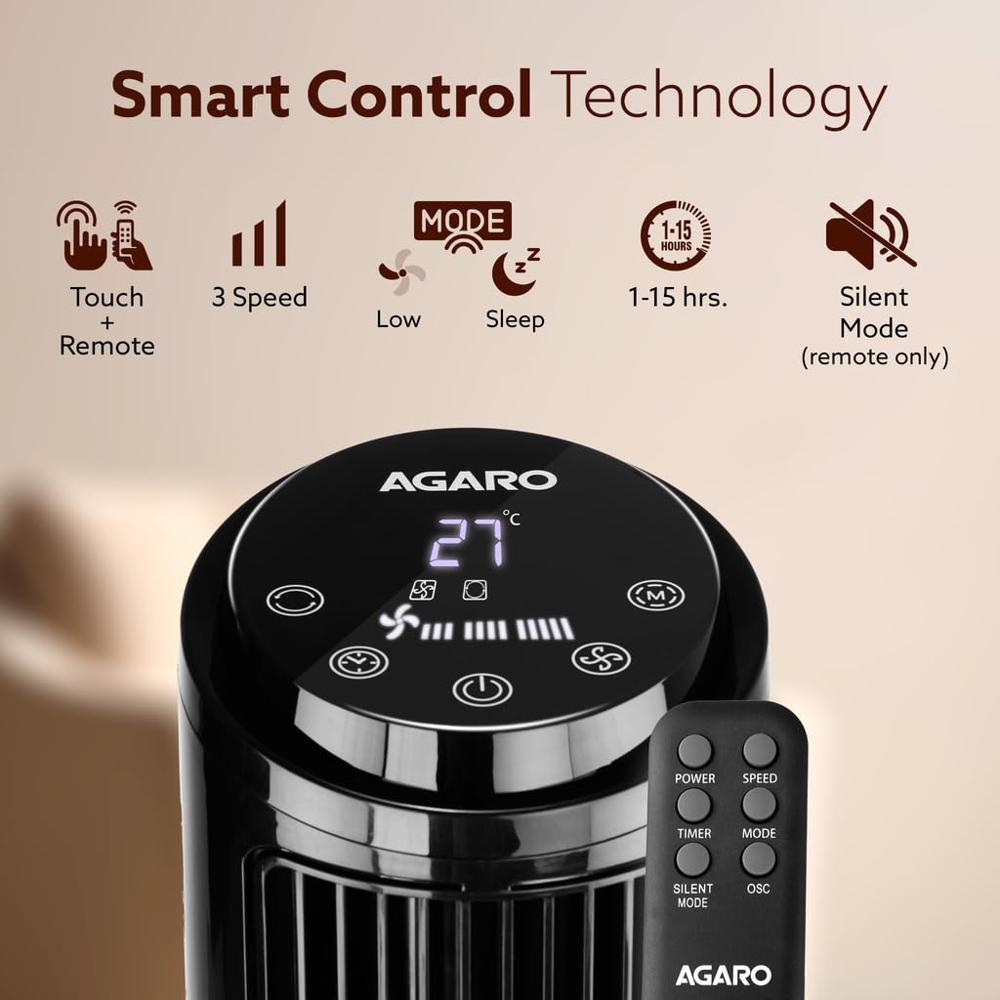 AGARO Imperial Oscillating Tower Fan, 40 Inches, 3 Speed, 2 Modes, Electric Standing Fan, For Bedroom, Indoor, Office & Home Use, Quiet Cooling Portable Bladeless Tower Fan With Remote Control 34231