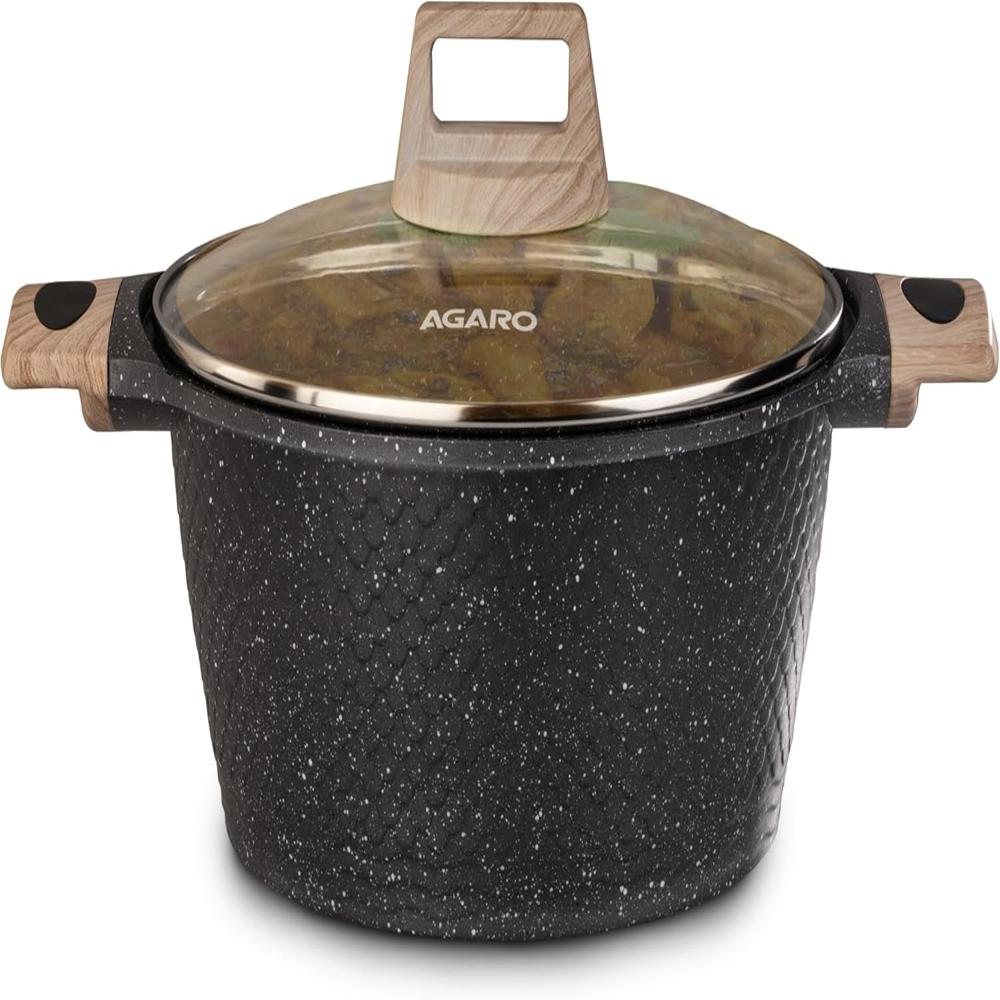 AGARO Imperial Granite Non Stick Casserole with Glass Lid, 4 Litre/24Cm, Cast Aluminium Body, Stew Pot, Biriyani Pot, Rice Pot, Gas & Induction Compatible