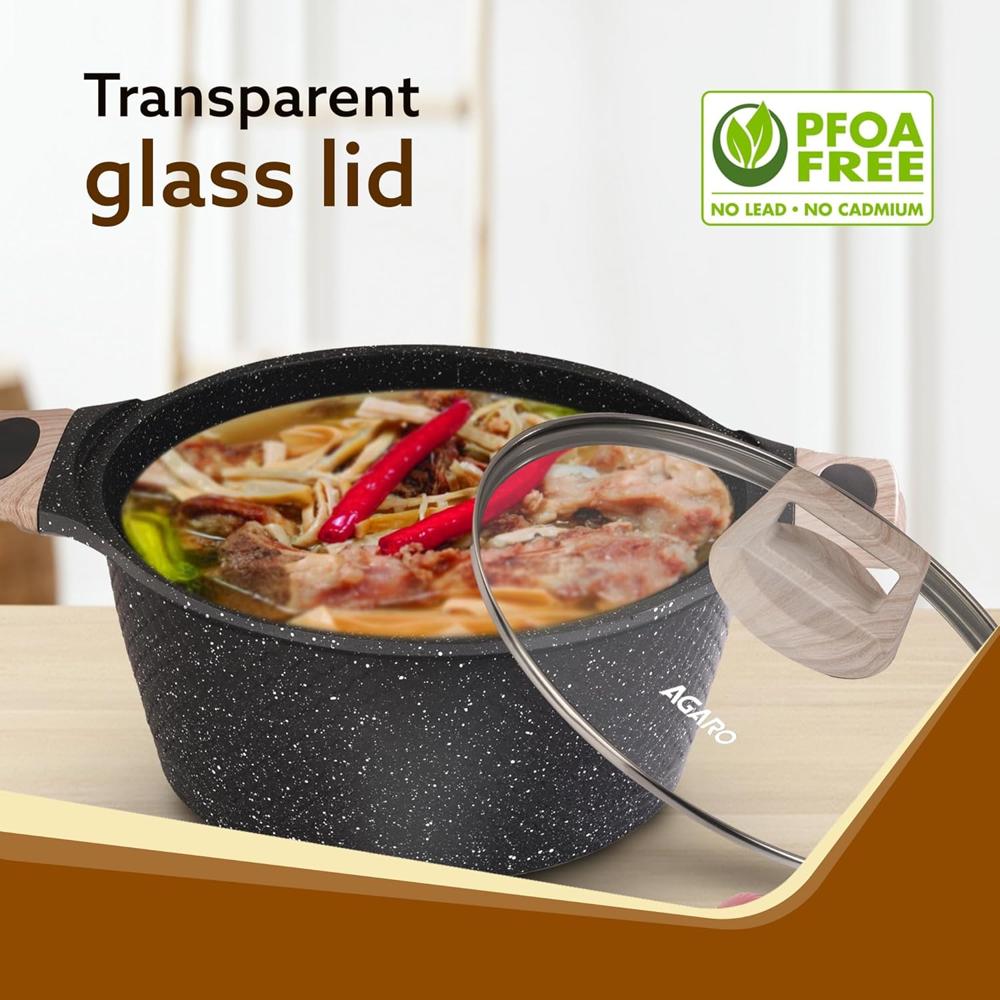 AGARO Imperial Granite Non Stick Casserole with Glass Lid, 4 Litre/24Cm, Cast Aluminium Body, Stew Pot, Biriyani Pot, Rice Pot, Gas & Induction Compatible