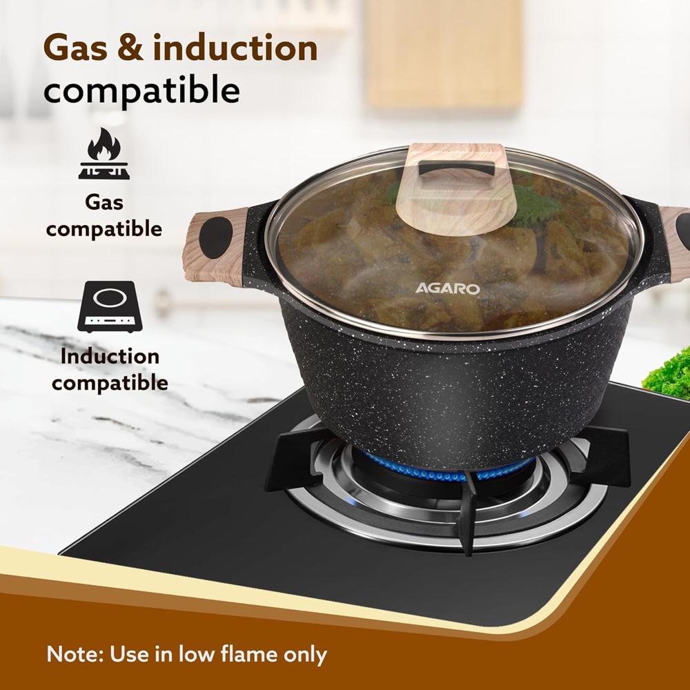 AGARO Imperial Granite Non Stick Casserole with Glass Lid, 4 Litre/24Cm, Cast Aluminium Body, Stew Pot, Biriyani Pot, Rice Pot, Gas & Induction Compatible
