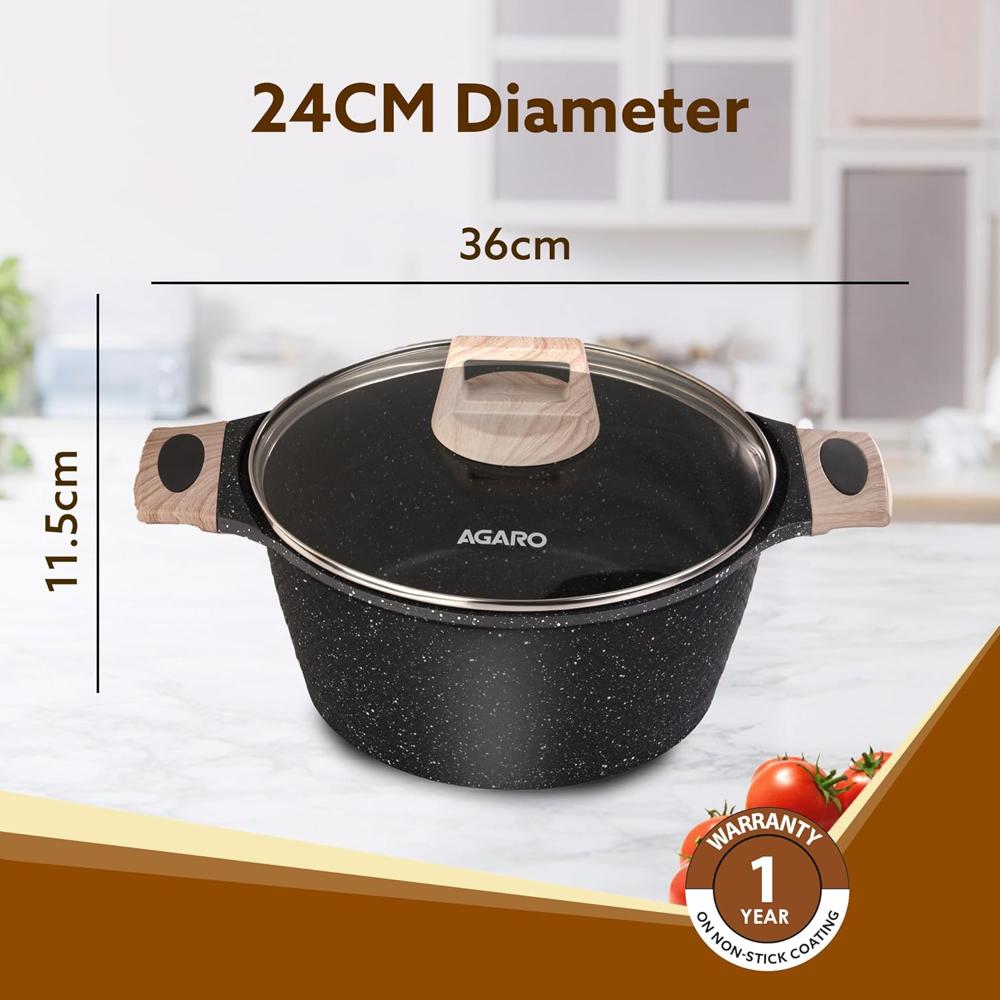 AGARO Imperial Granite Non Stick Casserole with Glass Lid, 4 Litre/24Cm, Cast Aluminium Body, Stew Pot, Biriyani Pot, Rice Pot, Gas & Induction Compatible