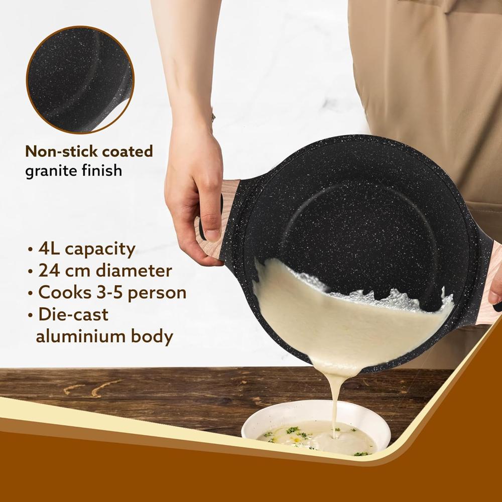 AGARO Imperial Granite Non Stick Casserole with Glass Lid, 4 Litre/24Cm, Cast Aluminium Body, Stew Pot, Biriyani Pot, Rice Pot, Gas & Induction Compatible